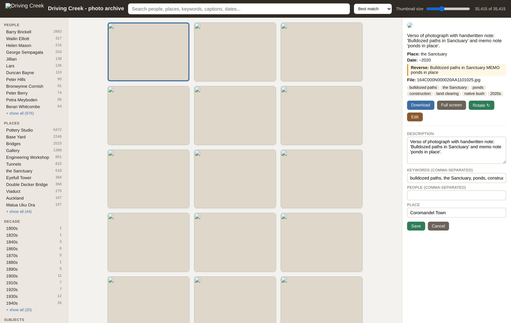The full archive showing 35,415 records, faceted filters with counts, and an edit form open.