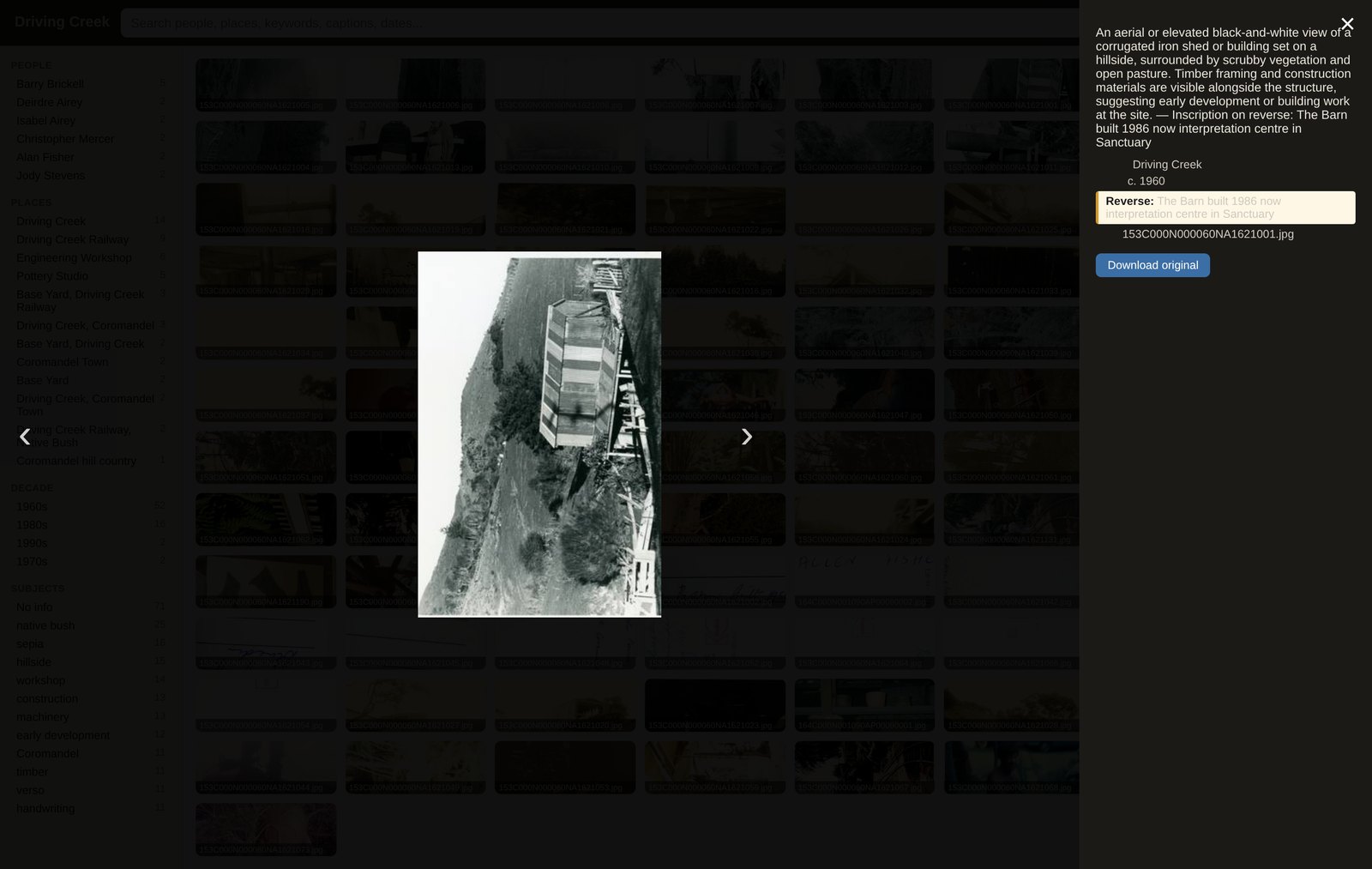 A full-screen photo viewer with a side panel showing a 'Reverse' inscription recovered from the back of the print.